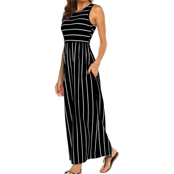 Women's Black Summer Sleeveless Striped Flowy Casual Long Maxi Dress - Picture 1 of 4